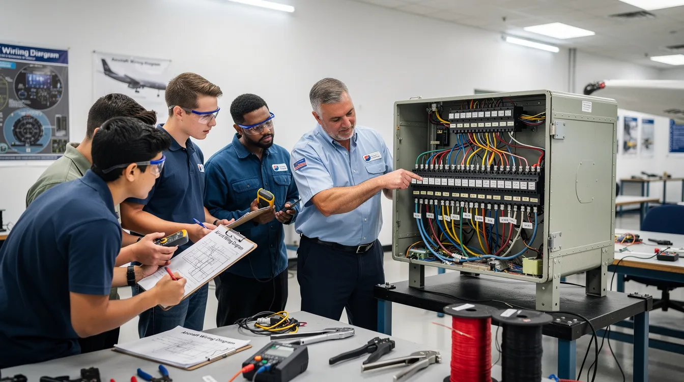 An instructor is guiding a group of students through an aircraft wiring exercise, emphasizing the knowledge and skills required for aviation maintenance. This hands-on training is part of their FAA Part 147 program, preparing them to become certified aviation maintenance technicians.