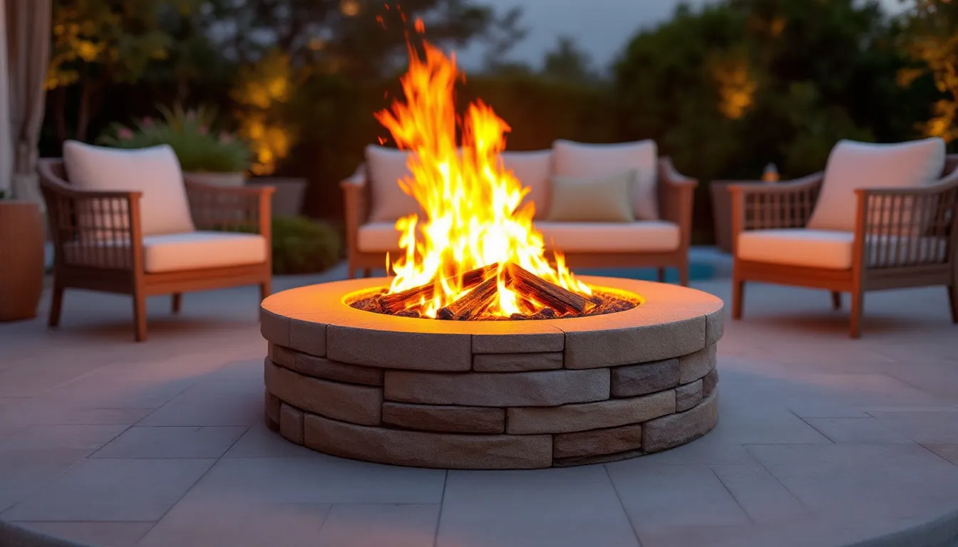 A modern fire bowl sits elegantly beside a swimming pool, creating a stunning focal point in the outdoor space. The gentle flames contrast beautifully with the pool water features, enhancing the serene ambiance of this backyard oasis.