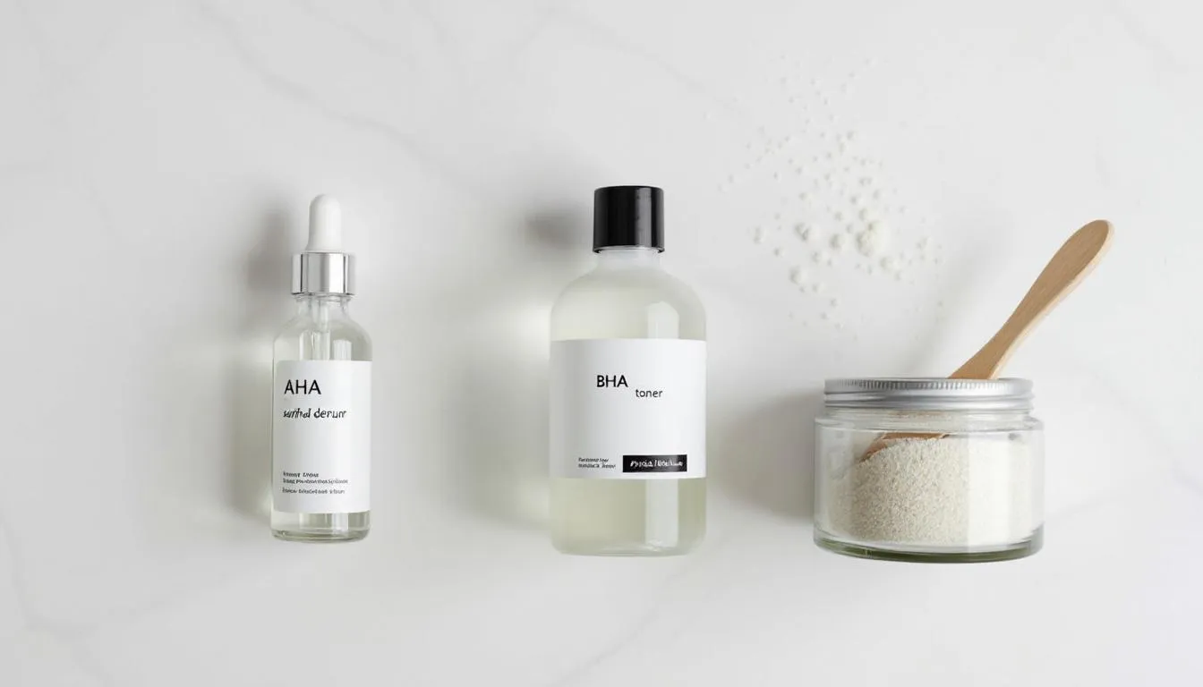 Display of exfoliating products featuring AHAs and BHAs that improve skin texture and reduce wrinkles, suitable for sensitive skin types.