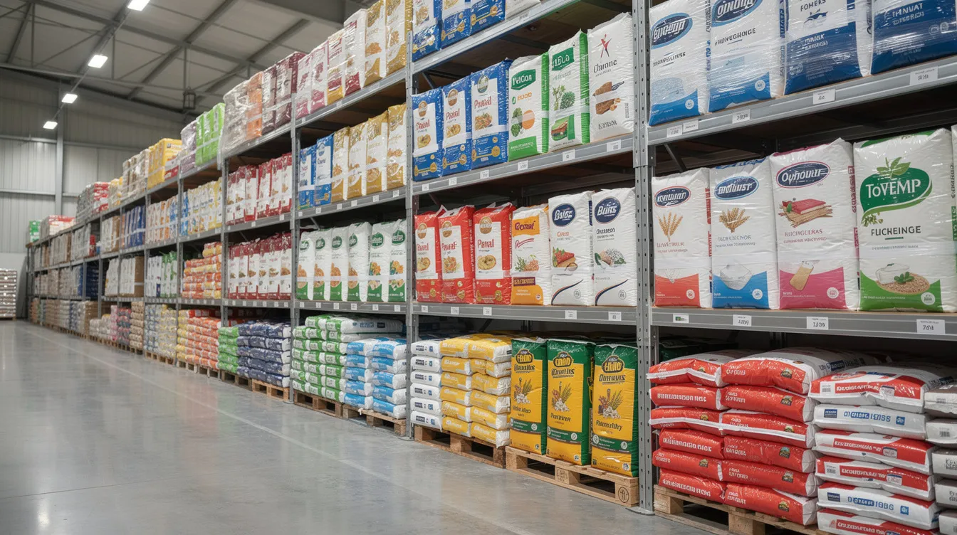 The image shows neatly stacked branded flour packets on shelves inside a wholesale distribution warehouse, highlighting various types of flour, including gram flour and chickpea flour, essential for the food processing industry. This organized display reflects the efficient production process and growing demand for staple ingredients like besan in many cuisines.