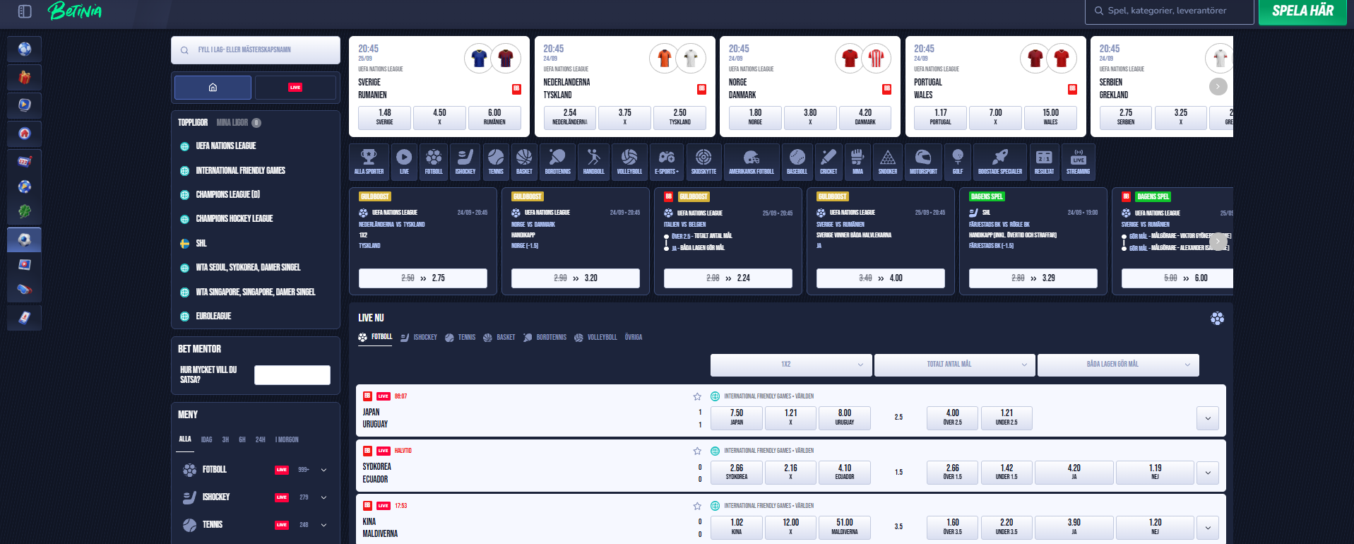 Betinias bettingsida med sporter, matcher, liveodds och olika spelmarknader.