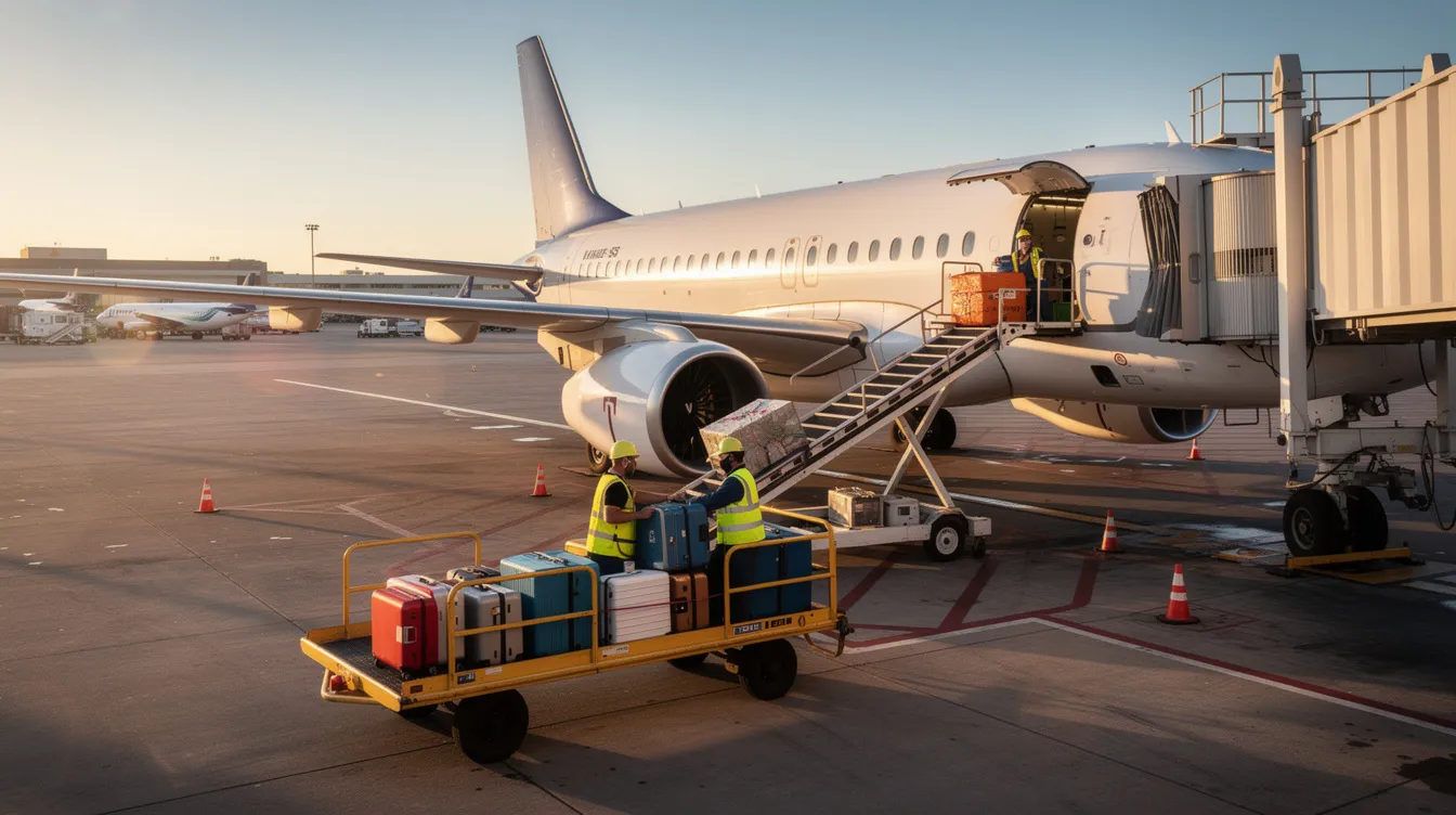 A ground crew is actively loading baggage next to an aircraft, demonstrating the essential ground operations in the aviation industry. This scene highlights the importance of efficient resource allocation and crew scheduling to ensure smooth flight operations and enhance passenger services.