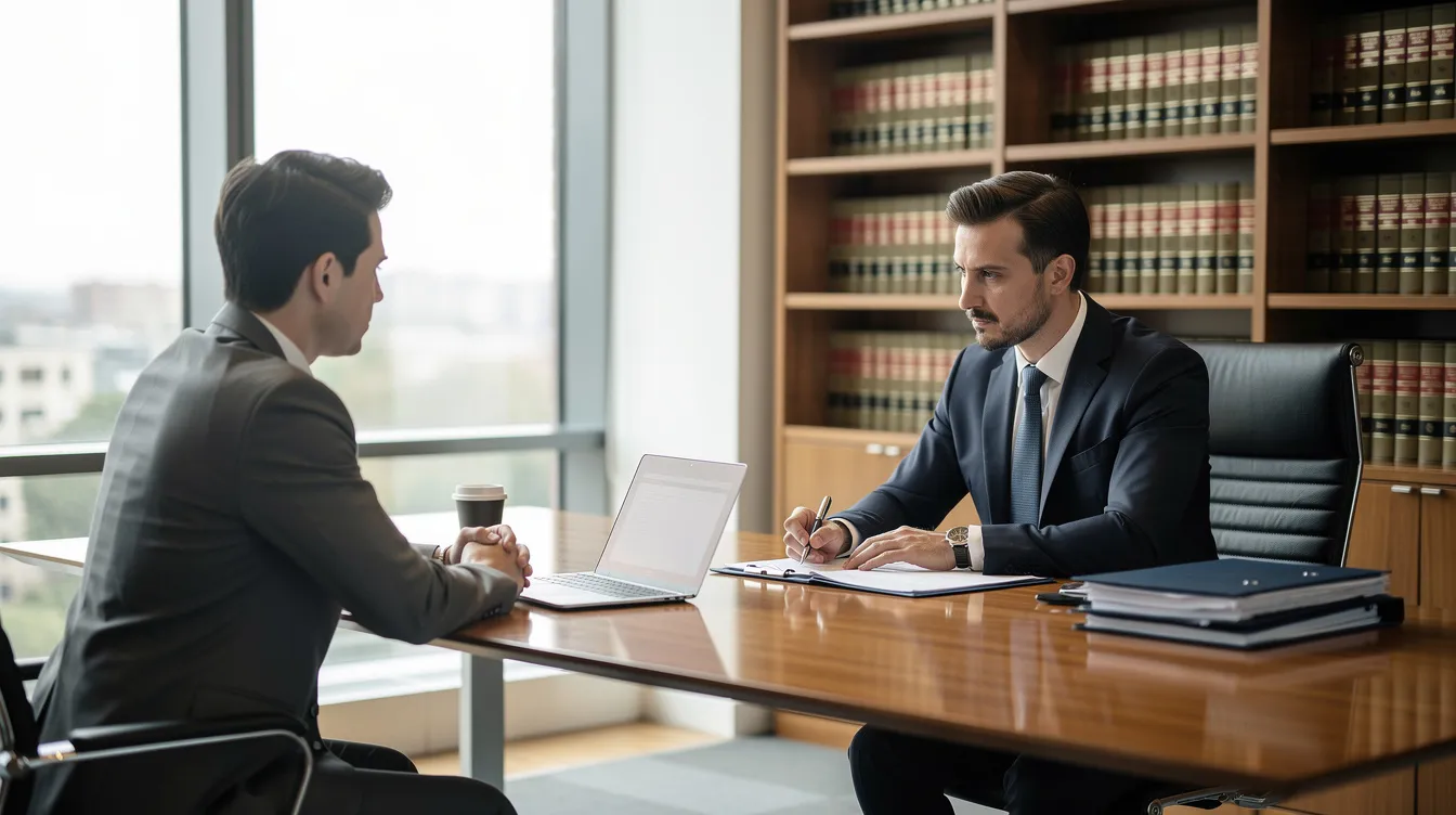 A professional solicitor is seated across from a client in a well-organized office, discussing legal matters related to personal injury claims, potentially involving chemical exposure or hazardous substances. The environment reflects a focus on health regulations and safety, emphasizing the importance of seeking compensation for injuries sustained from dangerous chemicals in the workplace.