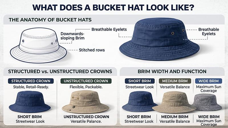 Bucket hat anatomy infographic showing crown shape, downward-sloping brim, stitched rows, breathable eyelets, and brim width differences.