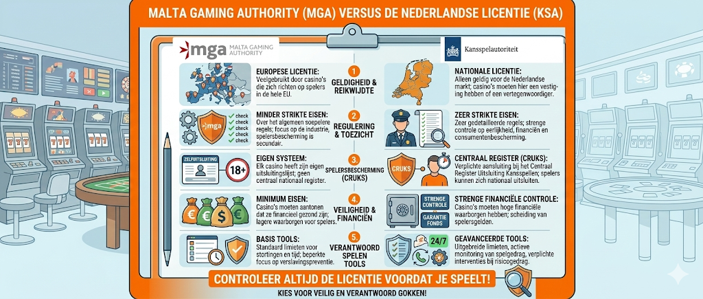 Vergelijking tussen de Malta Gaming Authority (MGA) en de Nederlandse Kansspelautoriteit (KSA), met uitleg over verschillen in licenties, regelgeving, CRUKS-bescherming, financiële controle en verantwoord spelen bij online casino’s.