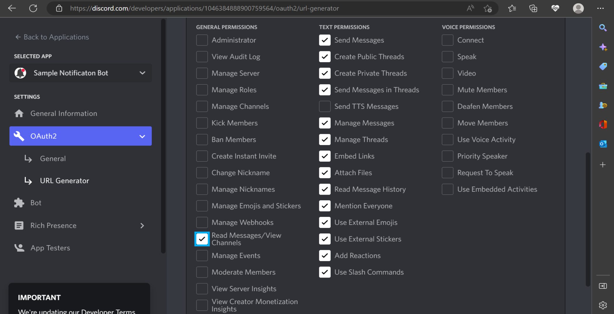 A list of permissions for a Discord bot.
