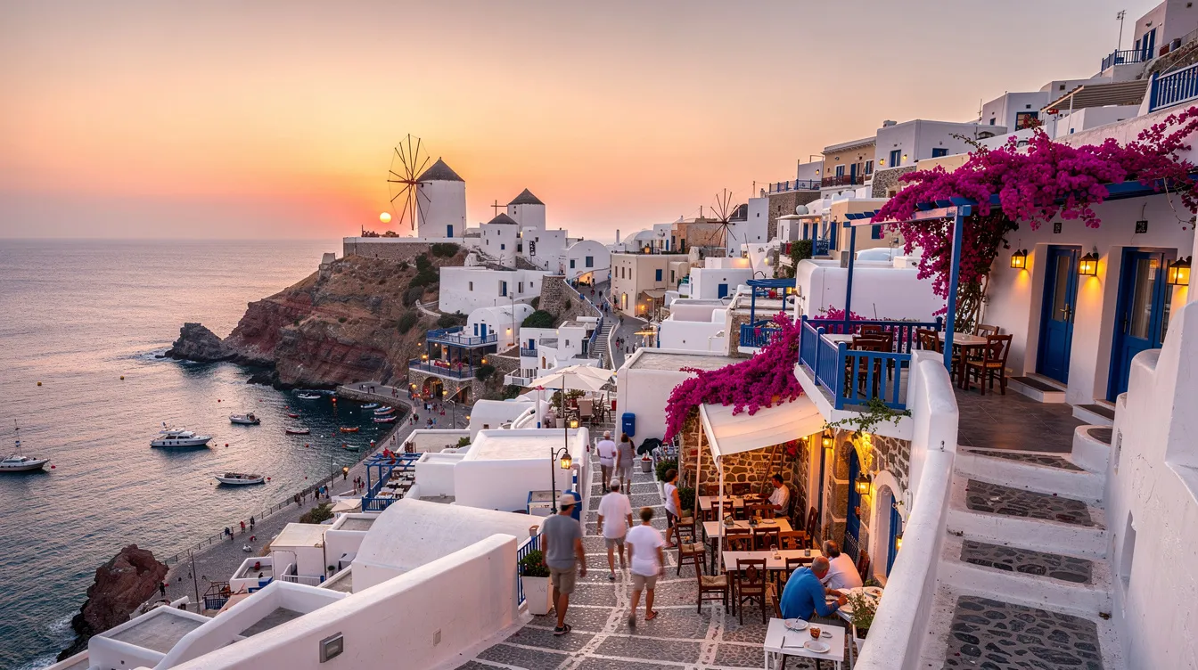 Imagem de Mykonos, uma das mais famosas ilhas da Grécia, com suas casas brancas e portas azuis, cercadas por águas cristalinas do Mar Egeu. O cenário é perfeito para turistas que buscam cultura e relaxamento em um dos principais destinos da Grécia, conhecido por suas praias deslumbrantes e vibrante vida noturna.