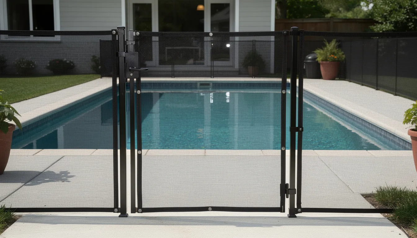 The image features a residential pool gate with mesh fencing designed for safety, showcasing a self-latching mechanism to prevent unsupervised access to the pool area. This essential pool barrier is crucial for ensuring a safe swimming environment, particularly for families with young children, and aligns with residential swimming pool regulations.
