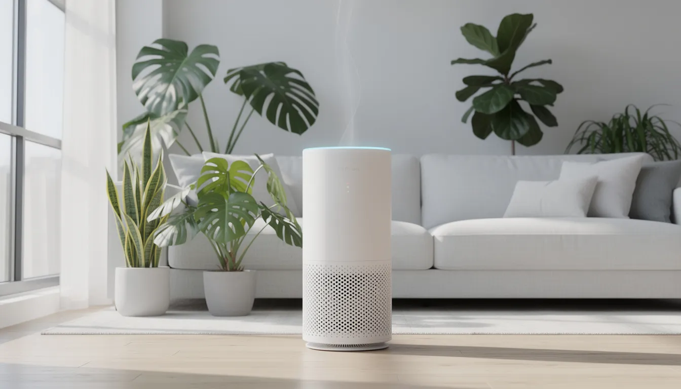 A modern air purifier is actively operating in a bright living room adorned with lush plants, aimed at improving indoor air quality by trapping mold spores and reducing the risk of mold toxicity. This setup highlights the importance of maintaining a healthy indoor environment to prevent mold growth and its associated health issues, such as respiratory problems and allergy symptoms.