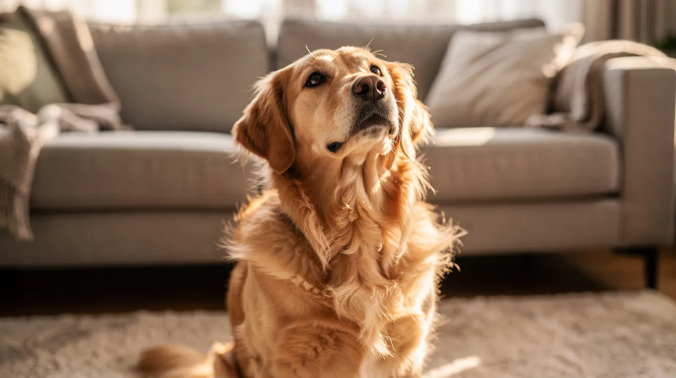 A golden retriever sits beside a couch, gazing up at its owner with a loving stare and soft, attentive eyes, showcasing the dog's body language and emotional connection. This intense eye contact reflects the way dogs communicate affection and longing, making many dog owners feel happy and connected to their pets.