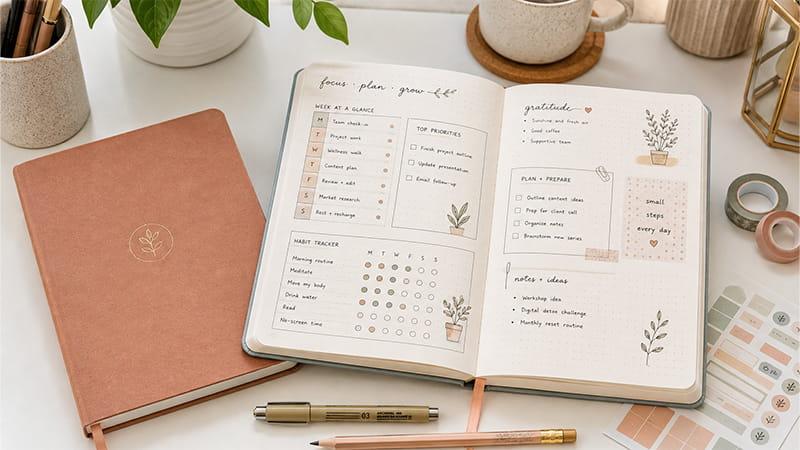 A5 dotted notebook used for bullet journaling, planning, and habit tracking