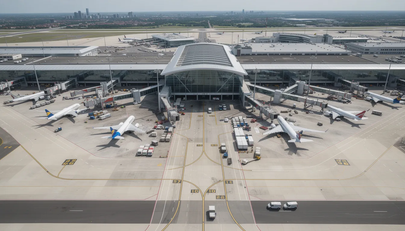 An aerial view showcases a large modern airport terminal building bustling with activity, featuring multiple aircraft parked at various gates. This scene represents a major international airport, highlighting its role in facilitating travel to and from different regions, including popular destinations in Morocco and beyond.