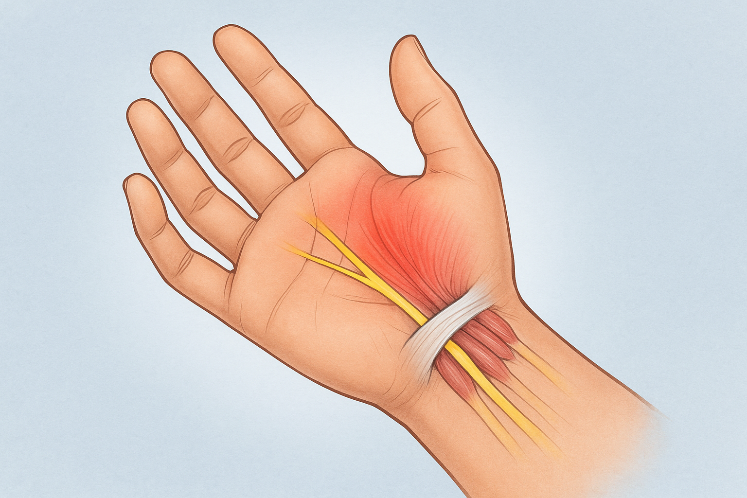 Illustrasjon av hånd med betent nerve i håndleddet som viser karpaltunnelsyndrom og nummenhet.