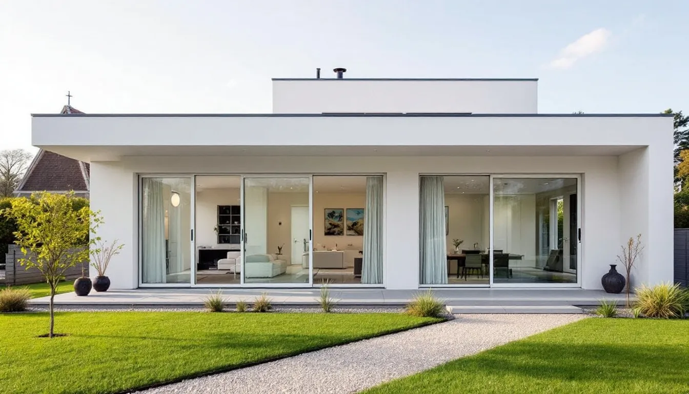 Een modern huis met witte Aluplast kunststof kozijnen en deuren, gekenmerkt door strakke architectonische lijnen. De hoogwaardige kunststof kozijnen bieden niet alleen een moderne uitstraling, maar ook extra isolatie en een lange levensduur.
