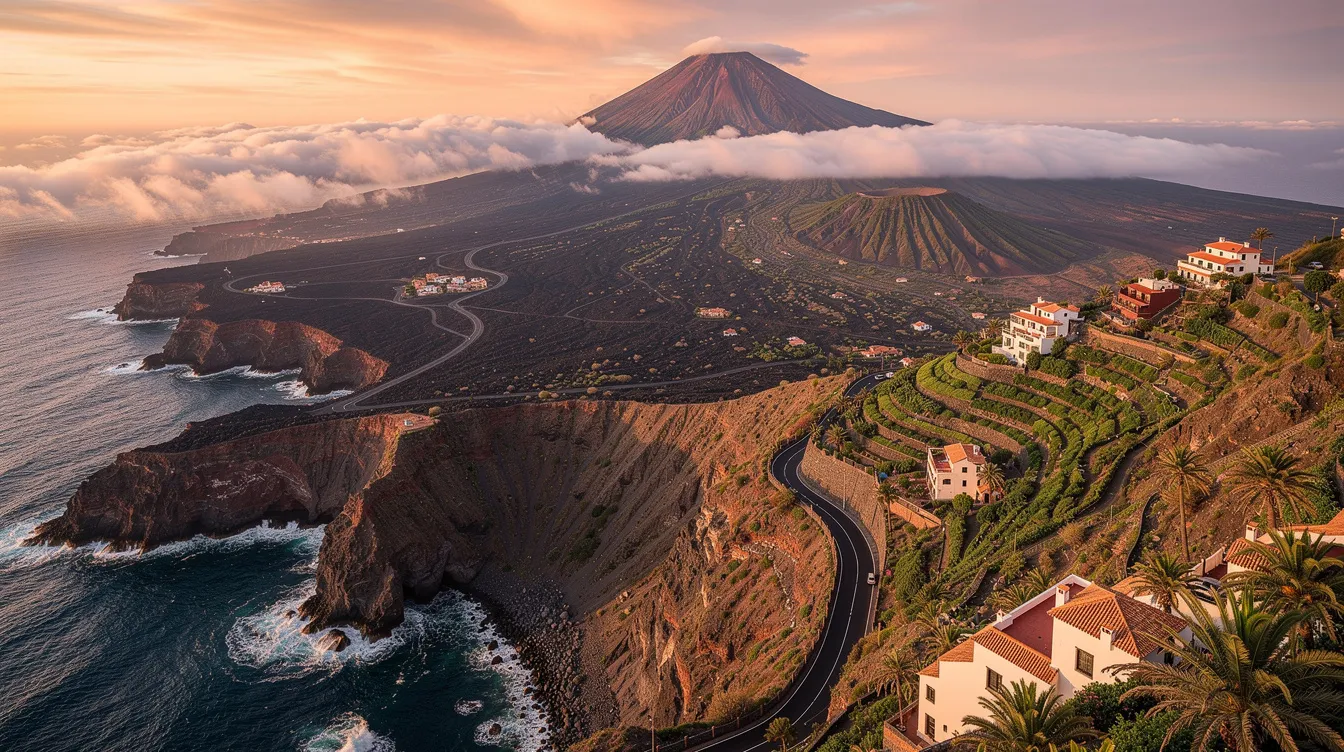 A imagem mostra uma vista panorâmica de Tenerife, nas Ilhas Canárias, destacando a cidade de Santa Cruz de Tenerife com suas ruas vibrantes e o imponente Parque Nacional do Teide ao fundo. O clima ensolarado e as montanhas ao redor criam um cenário perfeito para uma viagem em família.