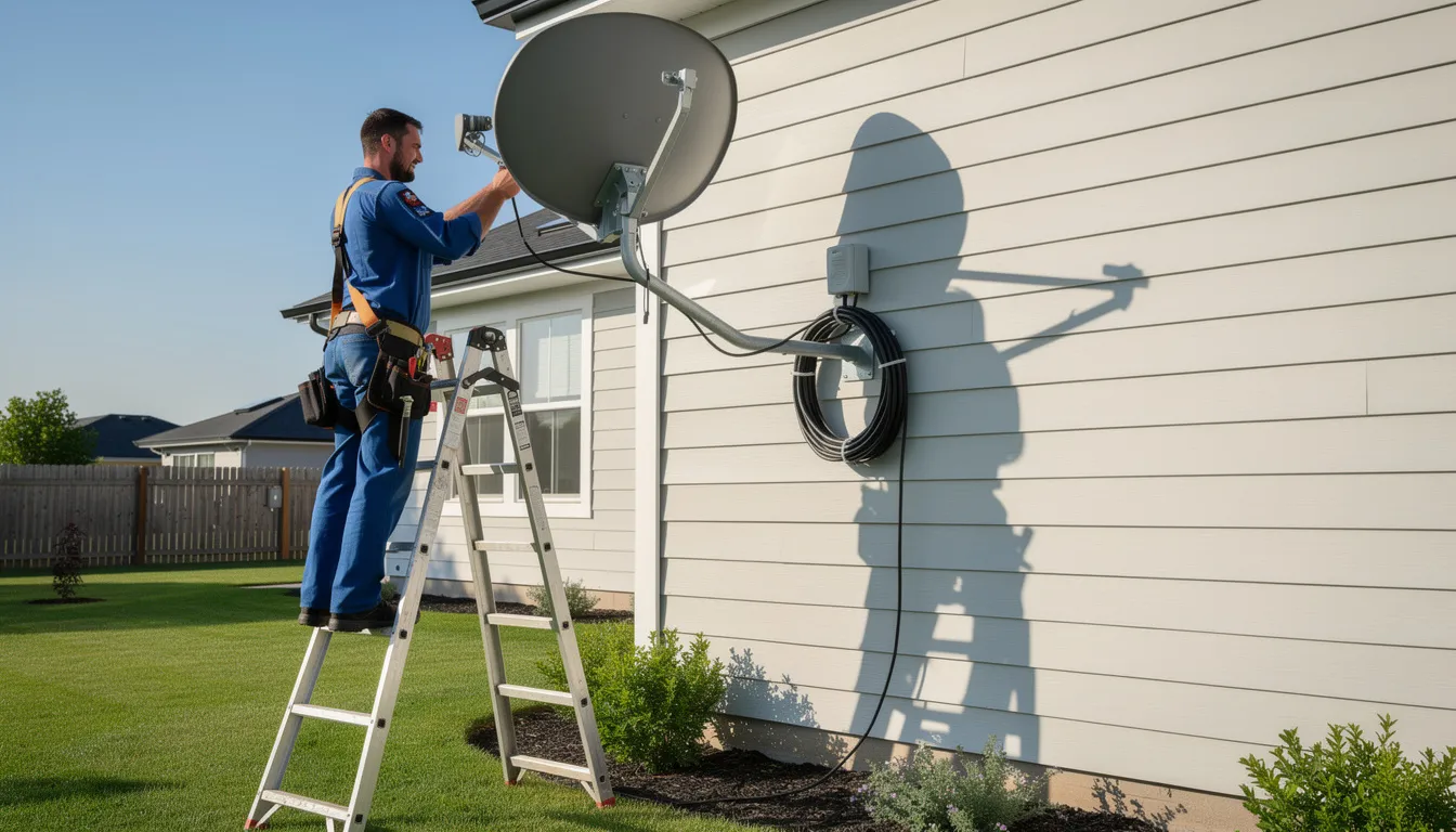 A technician in work clothes is installing a satellite dish on the side of a house, ensuring proper alignment for optimal signal reception. This professional DSTV installation service highlights the expertise of local DSTV installers in Vredenburg, aimed at providing uninterrupted viewing for customers.
