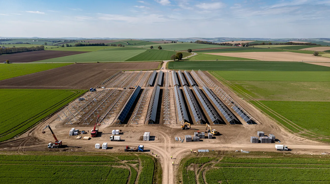 An aerial view showcases a sprawling farmland with a solar panel array currently under construction, highlighting the transition towards renewable energy projects. The scene emphasizes the importance of thorough due diligence and regulatory compliance in the energy sector, as new infrastructure is developed to support sustainable power generation.