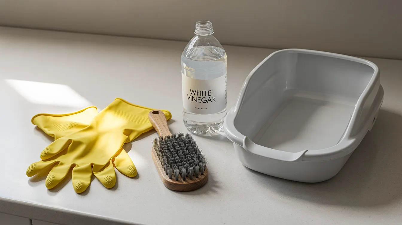 The image shows rubber gloves, a scrub brush, and a bottle of white vinegar neatly arranged on a counter beside an empty litter box, suggesting preparation for cleaning a cat's litter box. This setup emphasizes the importance of maintaining a clean litter box for odor control and the health of your pet.