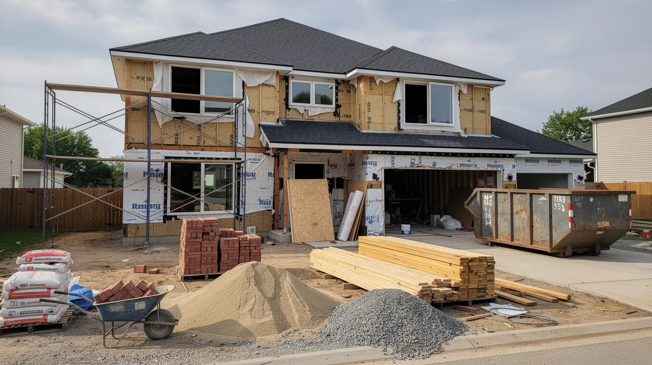 The image depicts a residential property undergoing renovation, with various construction materials like wood, drywall, and tools scattered around the site. This scene emphasizes the importance of managing home equity and understanding how renovations can impact your credit score and overall financial health.