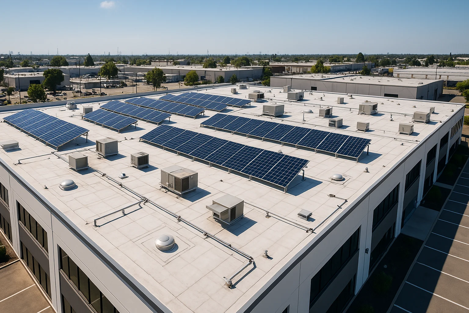 Aerial view of a commercial building with a flat roof featuring solar panels, HVAC systems, and clear drainage layout under a blue sky.
