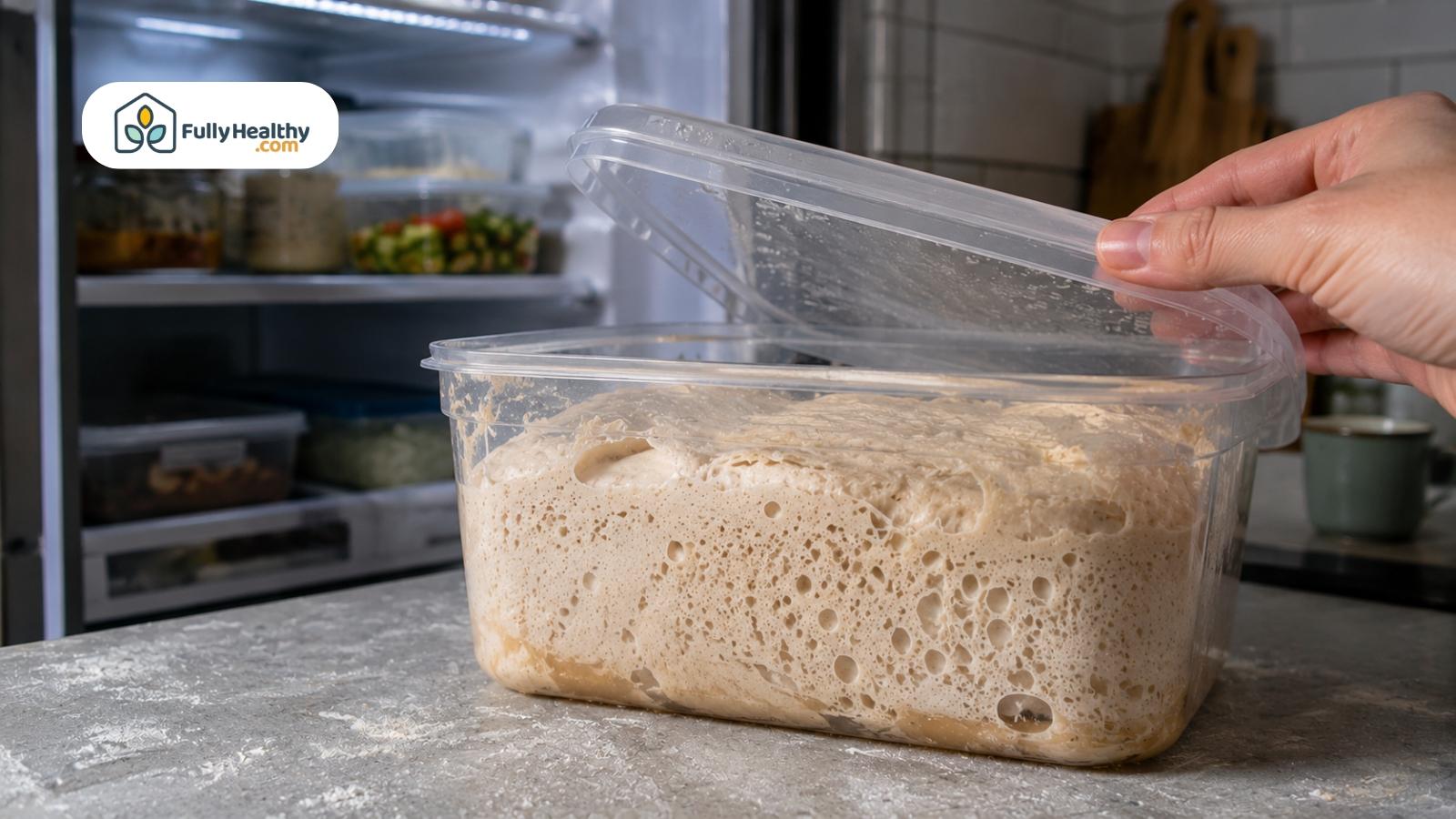 Highly fermented pizza dough with visible air bubbles beside open refrigerator
