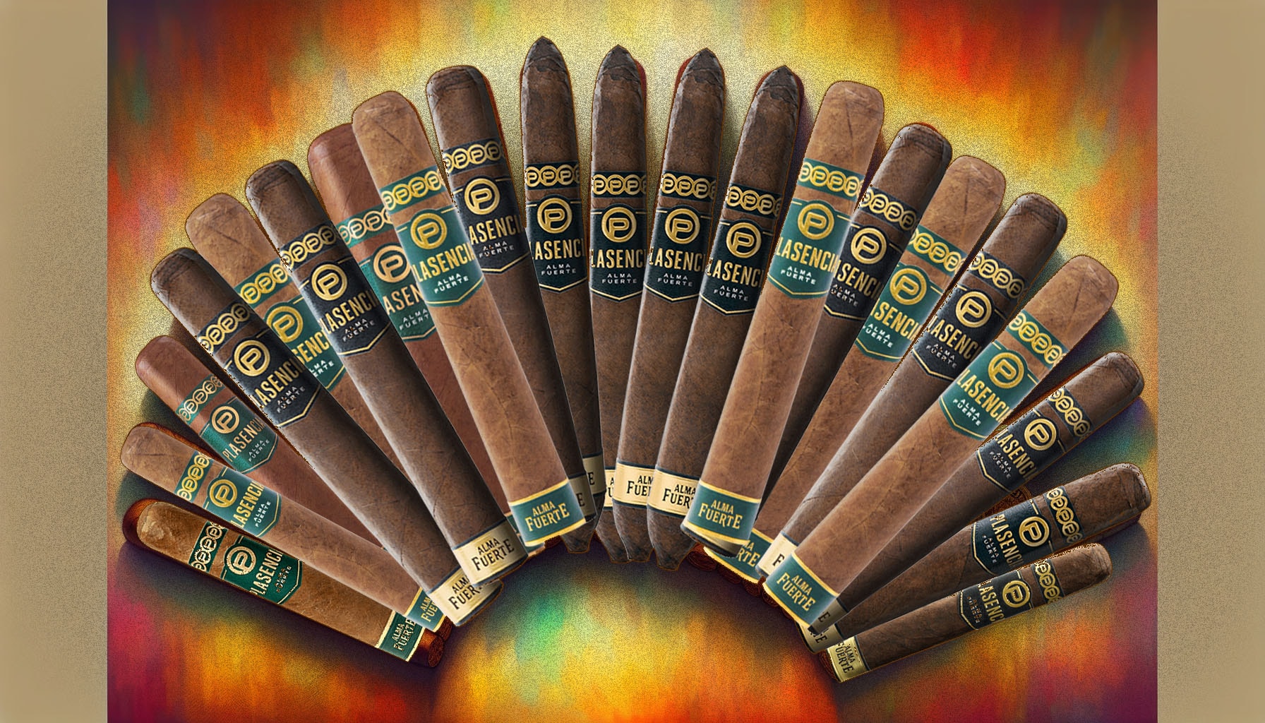 An illustration of various Plasencia Alma Fuerte cigars showcasing their unique designs.