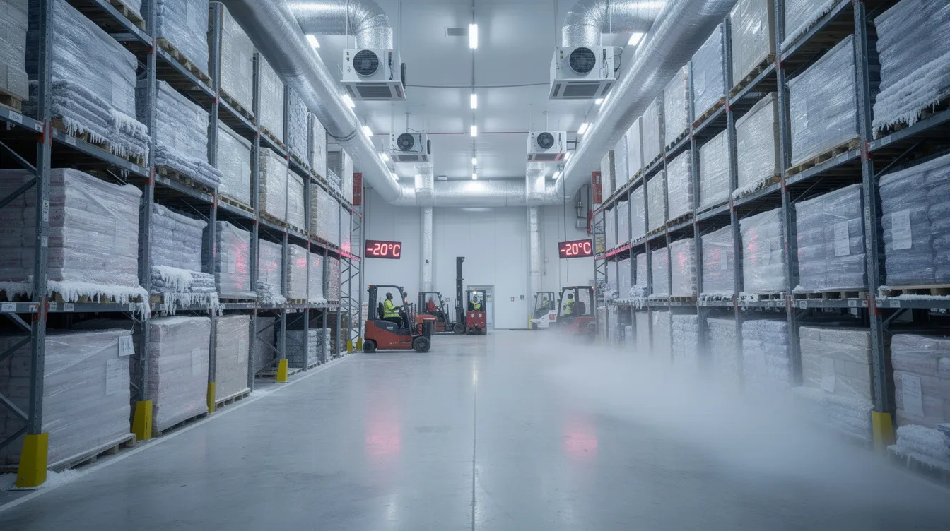 719a113f bdf6 475a 9195 4ebfa543aa60 The image depicts a large cold storage warehouse filled with neatly stacked frozen goods, including various ice cream products, and equipped with advanced refrigeration systems. This facility is essential for maintaining the cold chain logistics required in the ice cream manufacturing business, ensuring consistent quality and operational efficiency.