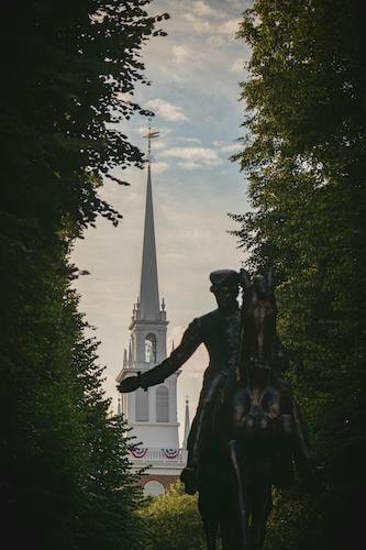 Paul Revere Statue in front of the Old North Church in Boston, major points of the American Revolution
