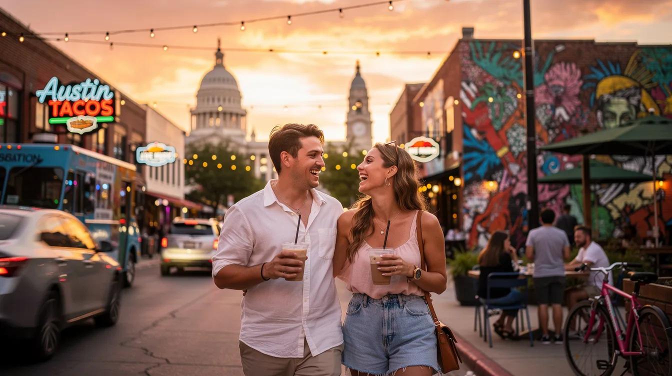 A couple enjoys a fun date in Austin, Texas, engaging in real conversation and laughter, embodying the spirit of intentional dating as they explore their connection. They appear to be on the same page, building a meaningful relationship through shared experiences and mutual understanding.