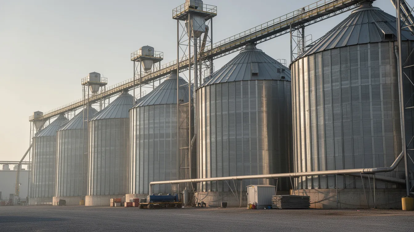 The image features a row of tall cylindrical steel grain silos at an industrial processing facility, equipped with conveyor systems for efficient grain storage. This storage infrastructure is essential for maintaining grain quality and protecting stored crops from pests and moisture, benefiting rice mill owners and farmers alike.