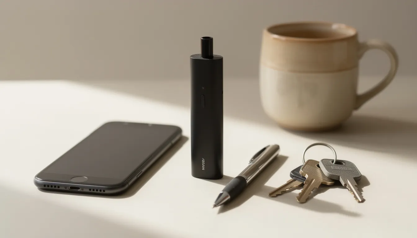 Das Bild zeigt den kompakten Davinci Miqro C Vaporizer neben verschiedenen Alltagsgegenständen, um die Größe des Geräts zu verdeutlichen. Der Vaporizer ist in einem eleganten Design gehalten und hebt sich durch seine Aluminium-Oberfläche von den anderen Objekten ab.