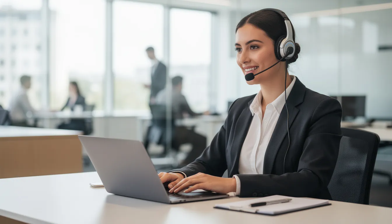 En kundtjänstrepresentant med headset sitter vid ett modernt kontorsbord, omgiven av teknisk utrustning och dokument. Denna bild visar en professionell miljö där support erbjuds, vilket kan relateras till online spel och casino, som Pixel.bet.