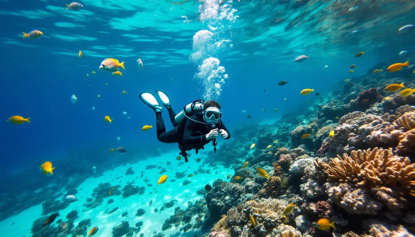 Um mergulhador explora os vibrantes recifes de coral no Mar Vermelho, onde a vida marinha é abundante e colorida, refletindo a beleza natural do Egito. Essa atividade é uma das muitas atrações que fazem parte de um roteiro pelo Egito, oferecendo uma imersão nas maravilhas subaquáticas da região.