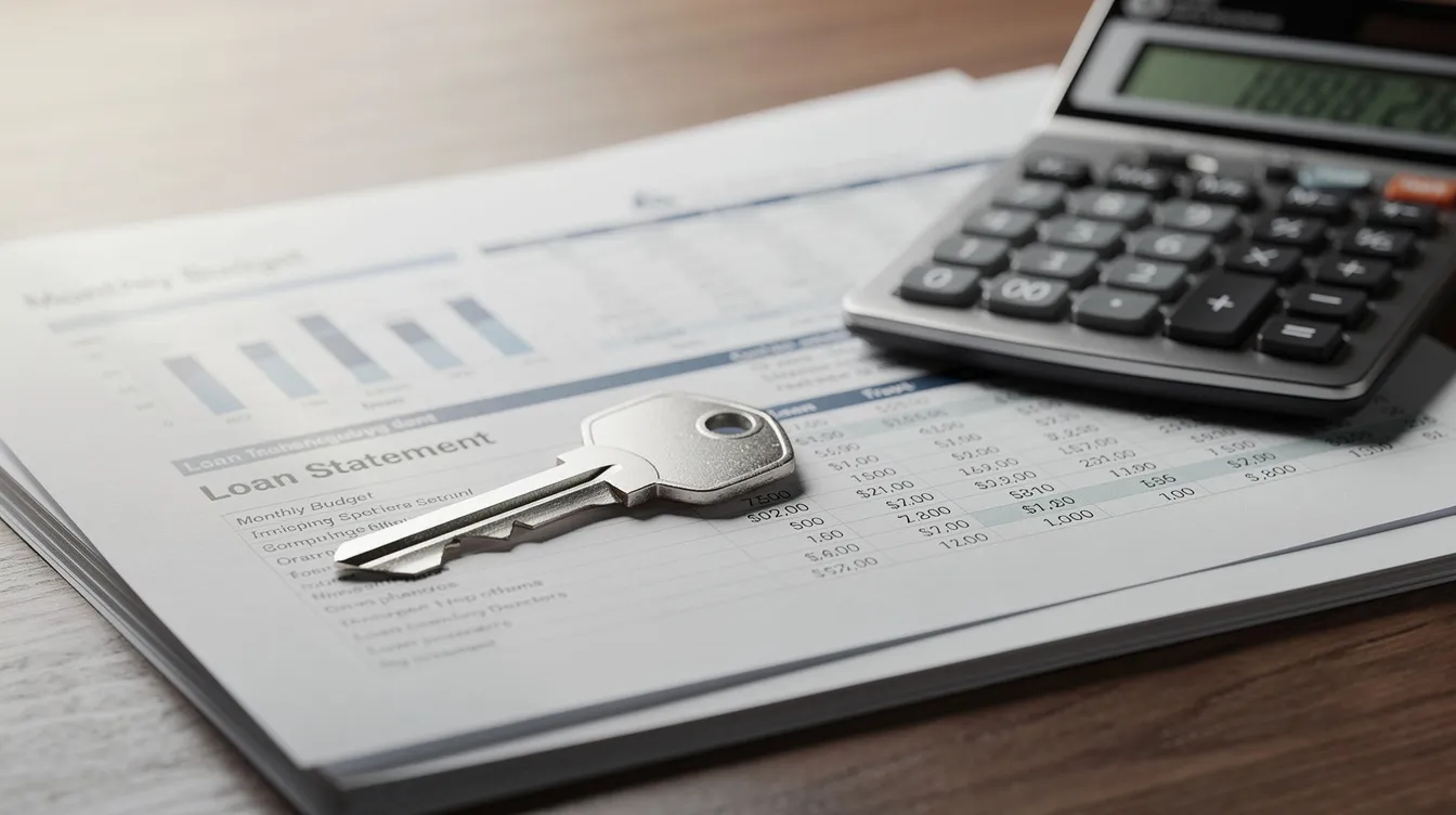 The image shows a house key resting on a stack of financial paperwork, with a calculator positioned nearby, symbolizing the relationship between home equity loans and managing personal finances. This setup reflects important concepts such as debt to income ratio and home equity value, which are crucial for understanding mortgage options and financial planning.