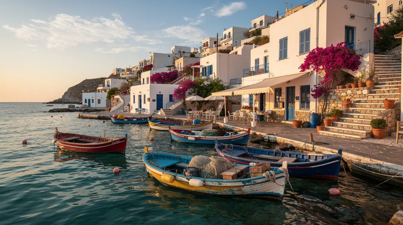 The image depicts a picturesque traditional Greek island harbor, featuring colorful fishing boats gently bobbing in the water, with a charming hillside village in the background. The scene captures the essence of Greece, showcasing its vibrant culture and serene coastal beauty.