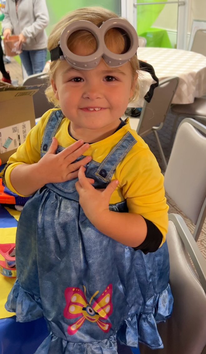 My sweet girl as a minion for our church trunk-or-treat