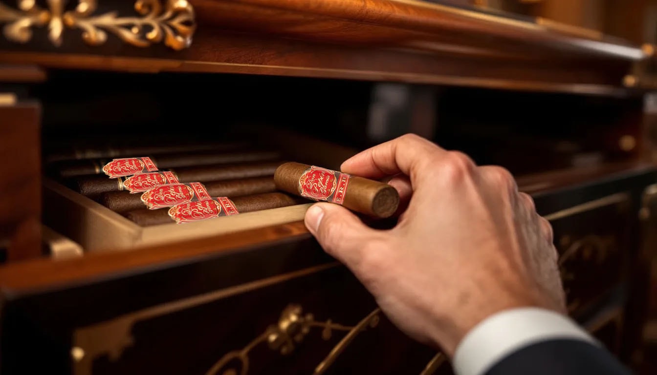 A person selecting a Don Pepin Garcia E.R.H. cigar from a shelf.