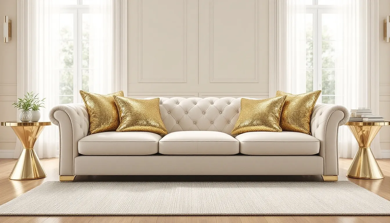 The image depicts an elegant living room featuring a neutral sofa adorned with luxurious gold sequin pillows, adding a touch of sparkle to the home decor. This inviting space is perfect for friends and family gatherings, creating a cozy atmosphere for all ages.