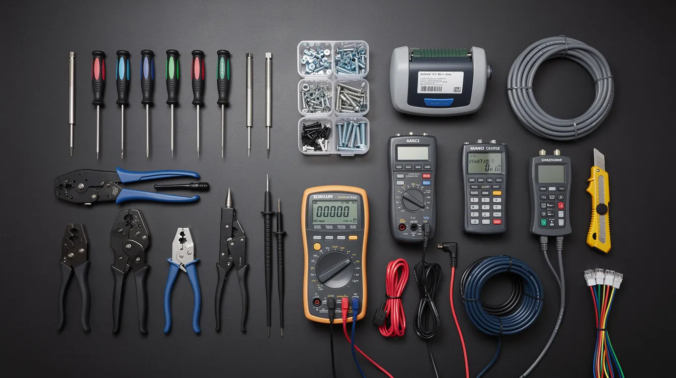 The image shows a neatly organized work surface filled with professional installation tools and testing equipment, essential for tasks like DSTV dish installation and repairs. This setup highlights the expertise of accredited DSTV installers, ensuring reliable service and optimal signal strength for customers in Caledon.