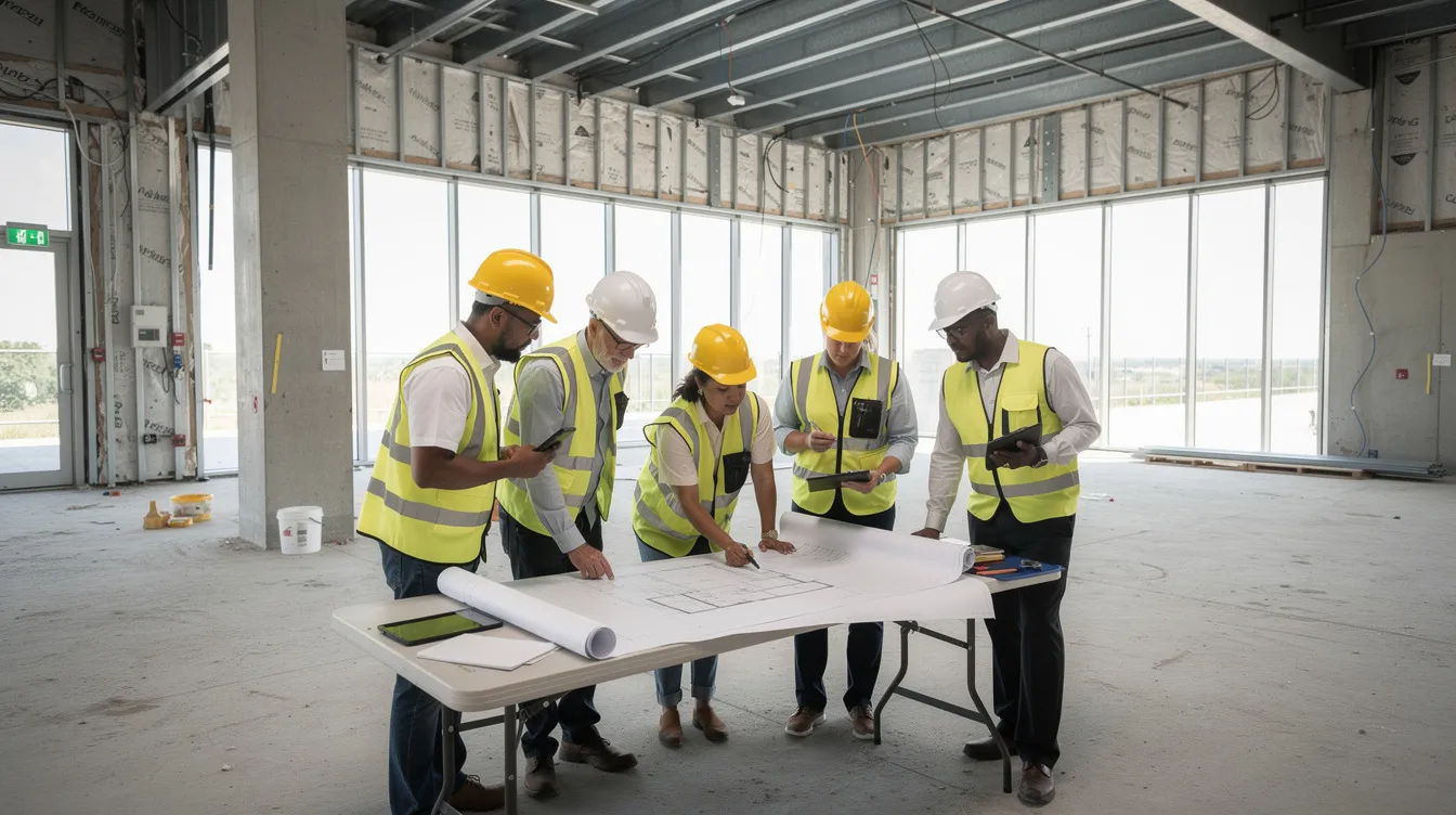 A group of construction professionals wearing hard hats is gathered inside a partially built commercial building, collaboratively reviewing construction documents to ensure accurate cost estimation and project success. Their teamwork highlights the importance of effective construction management and resource allocation in the construction industry.