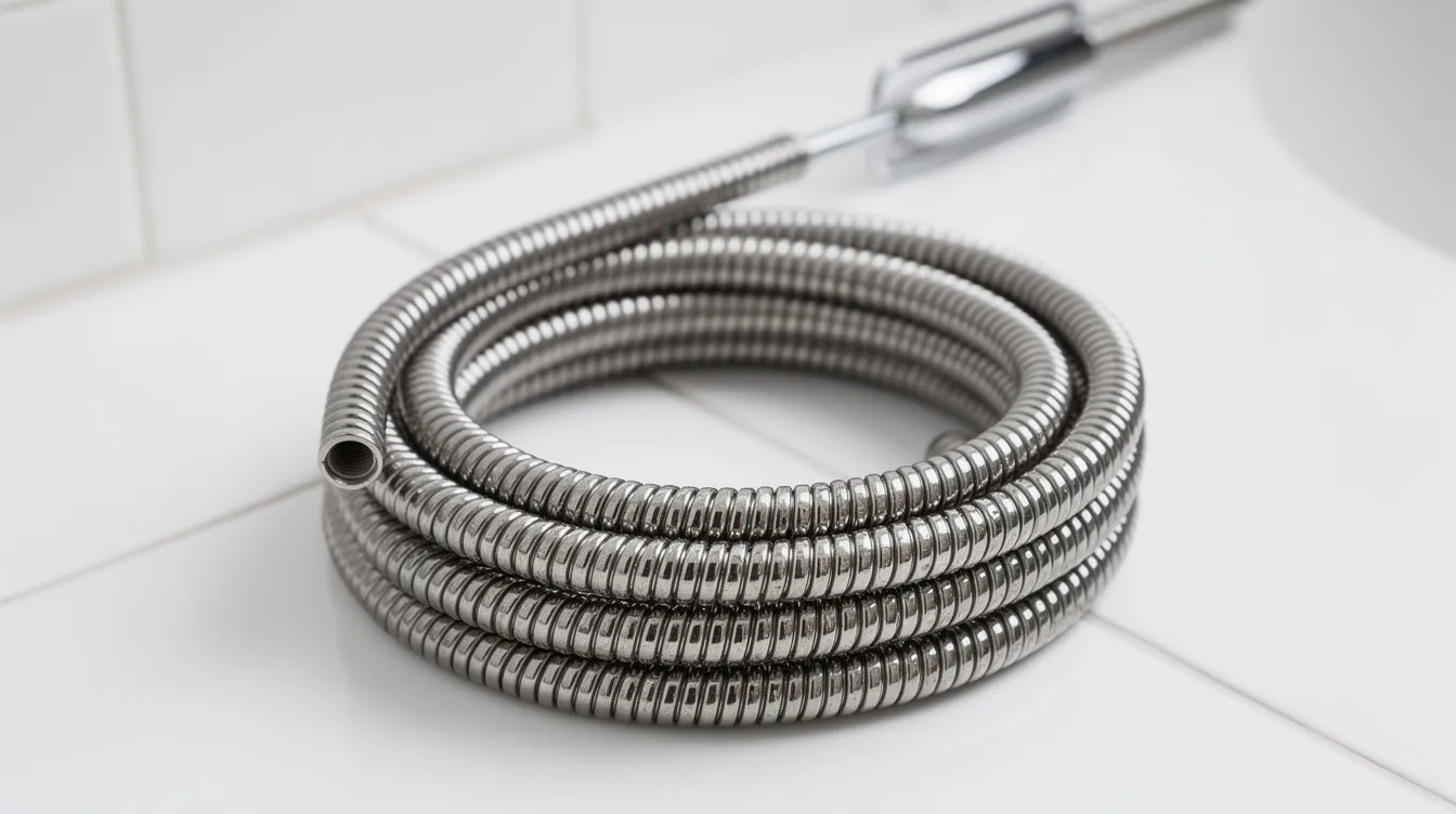 A close-up image shows a coiled drain snake tool resting on a white bathroom floor, ready to tackle clogged drains. This specialized tool is designed to break through stubborn clogs and loosen debris in plumbing systems.
