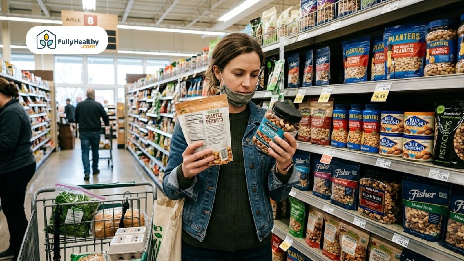 Shopper comparing packaged peanuts in grocery store aisle with various brands