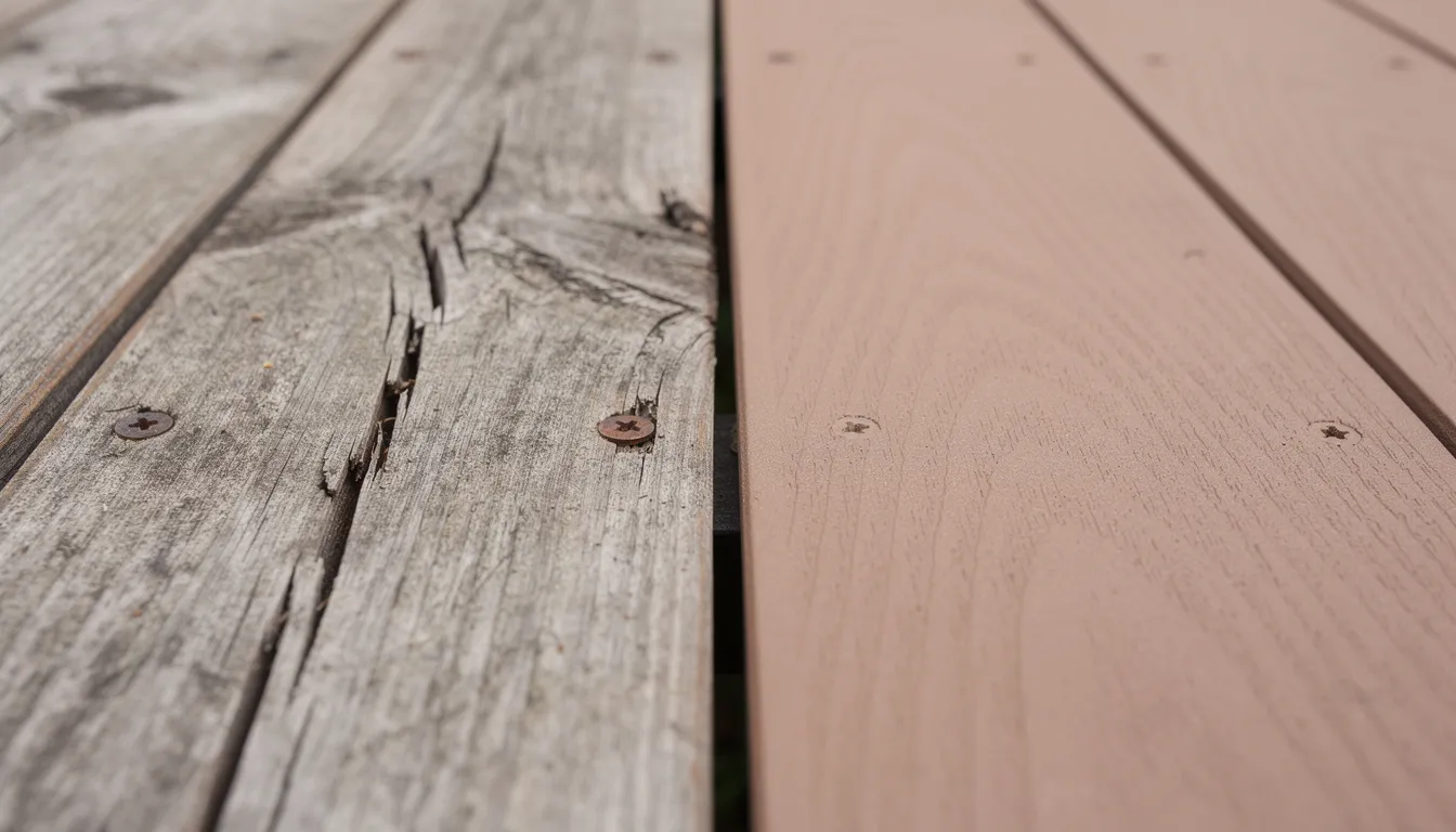 The image shows a close-up comparison of weathered timber deck boards alongside fresh composite decking, highlighting the contrast between natural timber's aging appearance and the sleek, low-maintenance finish of composite materials. This visual emphasizes the benefits of choosing composite decking for outdoor living spaces, offering durability and minimal maintenance for homeowners in Kapiti's coastal environment.