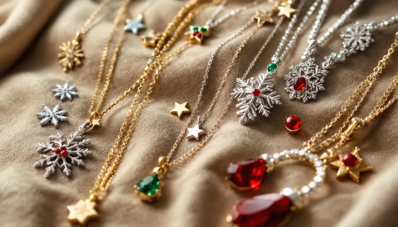 The image showcases a collection of trendy Christmas necklaces for 2026, featuring statement pieces made of gold, silver, and pearl. Adorned with festive pendants, these necklaces are perfect for celebrating the season and adding a stylish touch to holiday outfits.