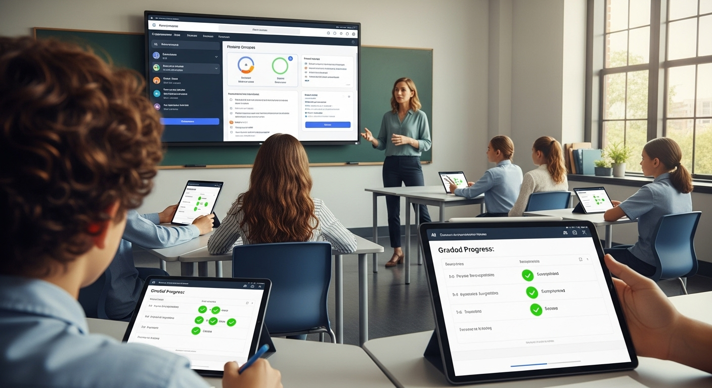 Modern classroom workflow showing AI reducing grading workload and saving teacher time.