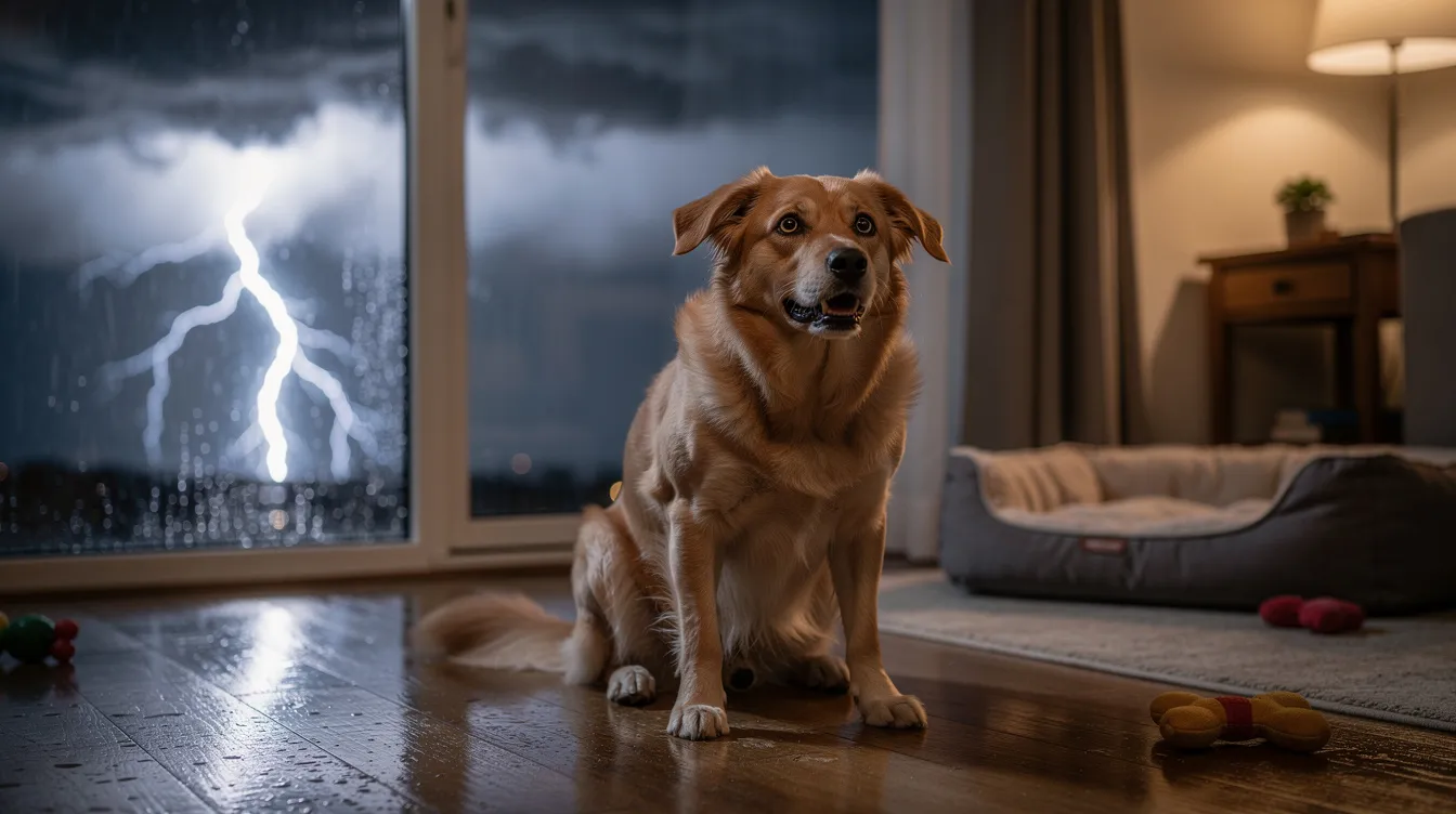 The image depicts a worried dog sitting in an enclosed space, such as a cozy corner of a room, with its ears perked up and eyes wide open, clearly exhibiting signs of storm anxiety as thunder rumbles in the background. The dog appears anxious and seeks comfort, highlighting the common fear response many dogs experience during thunderstorms.