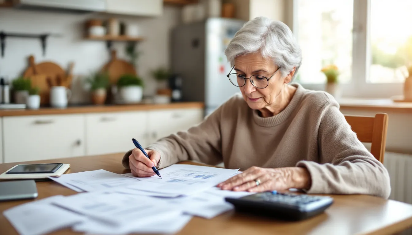An older woman sits at her kitchen table, carefully reviewing financial documents and paperwork related to her retirement plans, including social security benefits and payments. The scene reflects a moment of contemplation as she assesses her financial future and prepares for her retirement age.
