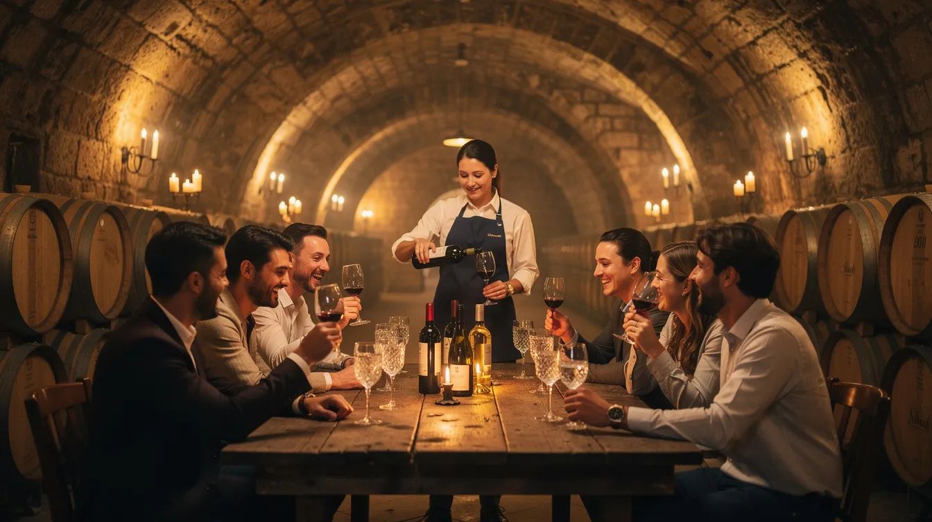 Des personnes dégustent différents types de vin, notamment du vin rouge et du vin blanc, dans une cave voûtée, entourées de bouteilles et de cuvées. L'ambiance est conviviale, propice à la découverte des saveurs et des arômes des vins, tout en partageant des moments agréables avec des amis.