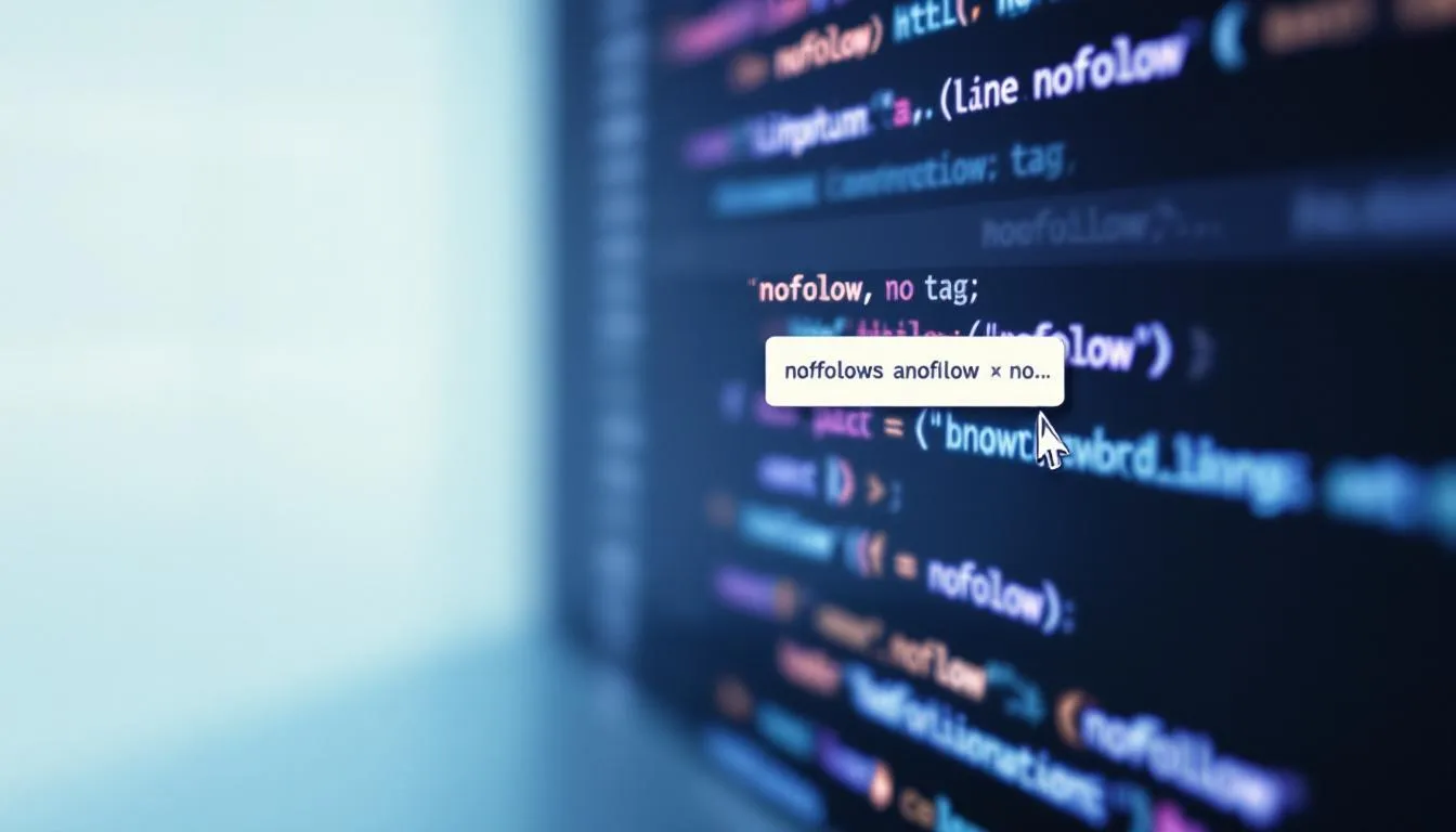 An illustration of how to implement nofollow links on a website, featuring a blurred code editor.