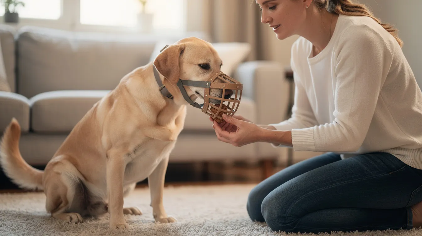 The image depicts a dog wearing a basket muzzle, sitting comfortably in a training environment, with treats placed nearby to create a positive association. This scene illustrates the process of muzzle training, emphasizing the importance of rewarding the dog with treats like string cheese or hot dogs to ensure they enjoy wearing the muzzle during training sessions.